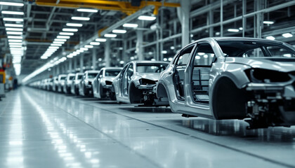 Fototapeta premium Car factory assembly line with silver car frames, modern and industrial