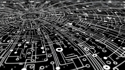 Vast Radial Circuit Board Landscape with Glowing White Digital Pathways.