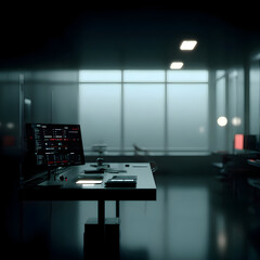 Modern Workspace Minimalist Design Dim Lighting Futuristic Tech.