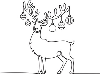 Continuous line art of reindeer with antlers decorated by hanging ornaments festive abstract vector illustration