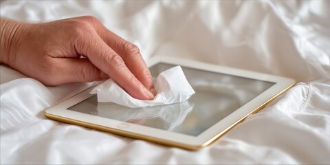 Hand cleaning tablet screen with cloth on white fabric background