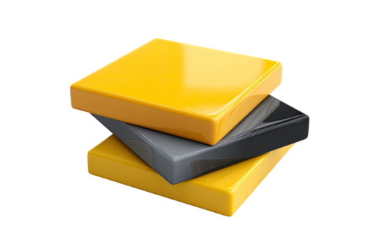 Three glossy, stacked squares in yellow and gray