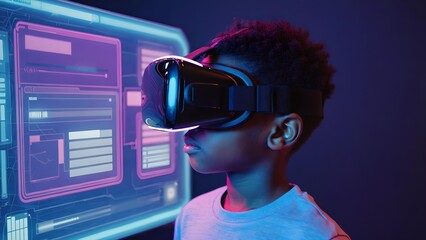 Young boy wearing virtual reality headset exploring futuristic digital interface with neon lights and holographic screens for technology, gaming and metaverse concepts