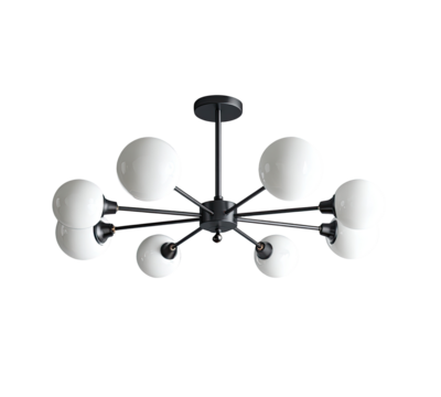 Black ceiling chandelier with eight white glass globes