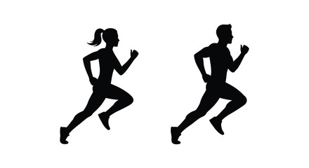 a man and woman running together in silhouette form