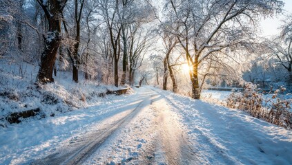 Fototapeta premium A sun-drenched winter's day reveals a snow-covered path through a tranquil forest, with the warmth of the rising sun illuminating the frosty trees and the sparkling snow.