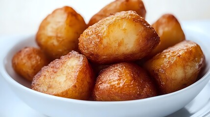 Golden crispy roasted baby potatoes served in white ceramic bowl, close up view showing caramelized exterior and tender interior for food photography.