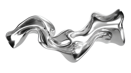 Abstract, flowing metallic form.  A smooth, reflective, silver shape, like liquid metal, with undulating, organic curves