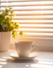 A steaming cup of coffee sits by the window