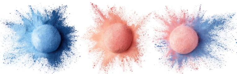 Three abstract, spherical forms, each with a surrounding, exploded pattern of color