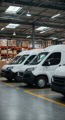 Fototapeta premium Three white vans parked in warehouse with high ceiling and industrial lighting