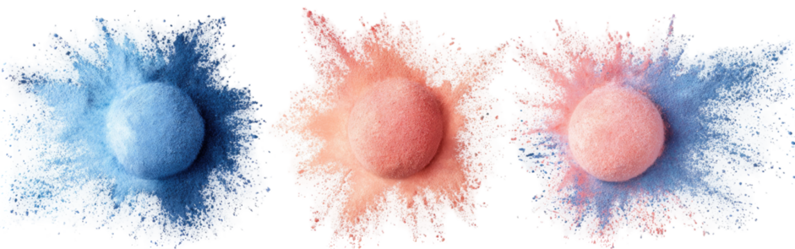 Three abstract, spherical forms, each with a surrounding, exploded pattern of color