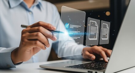 Person using a laptop and interacting with a digital interface showing documents and checklists