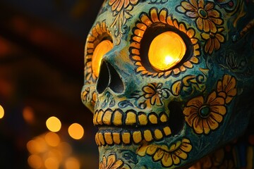 A detailed close-up view of a vibrant, ornate skull, adorned with intricate floral patterns in teal and gold, showcasing warm lighting illuminating the decorative design.