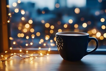 Obraz premium Cozy black coffee mug on wooden windowsill with glowing fairy lights and blurred city bokeh background creating warm atmospheric evening mood.
