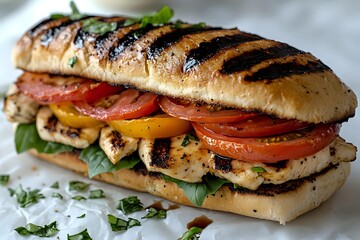 Grilled chicken sandwich with fresh tomatoes, spinach leaves on toasted baguette bread. Close up macro shot showing juicy meat and crispy grill marks.