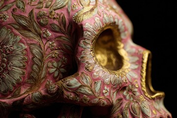 Ornate skull, detailed with intricate floral patterns in pink, gold, and cream, highlighting a delicate craftsmanship.