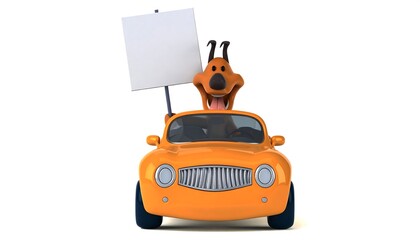 Fototapeta premium A cartoon dog drives a vibrant orange car, holding a blank sign.