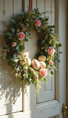 Spring floral wreath with roses and greenery hanging on a wooden door