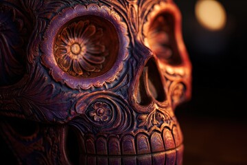 Obraz premium A detailed close-up view of an intricately carved skull, showcasing elaborate floral patterns and rich, dark colors.