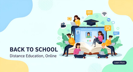 Back to school online learning concept with diverse students using laptops for distance education.