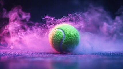 Tennis ball in vibrant purple and pink smoke