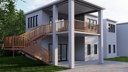 Fototapeta premium 3D Render of Modern Two-Story Brick House with Elevated Wooden Deck and Staircase – Architectural Visualization 