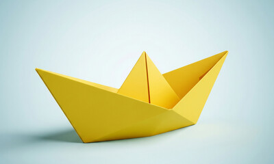 Yellow Origami Paper Boat on a Light Blue Background