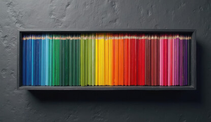 Vibrant rainbow colored pencils arranged in a box on a dark background