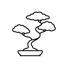 Outline drawing of a bonsai tree in pot on transparent background