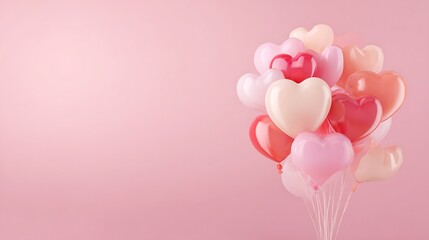 Minimalist design of heart shaped balloons floating on soft pink background