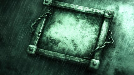 Weathered Frame in Rain: Artistic, Moody, Textured, Green Tones, Chain Detail.