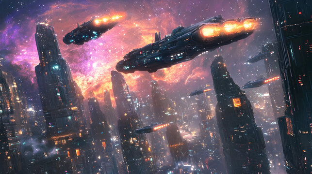 Interstellar fleet soaring above cyberpunk megacity skyline – futuristic sci-fi concept art - Powered by Adobe