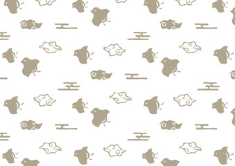 千鳥と霊芝雲の手彫りスタンプ風シームレス背景