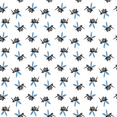 Pattern of Flying Mosquitoes. Flat color seamless texture. Forest insects in flight. Large blue wings, small gray buzzing insects. Poison packaging design. Picnics, hikes, camping