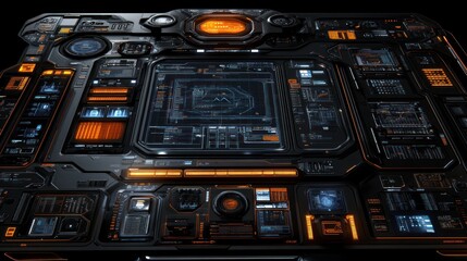 Futuristic Spaceship Control Panel with Glowing Orange and Blue Displays