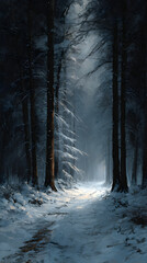 Serene snow-covered forest path bathed in soft, ethereal light creating a tranquil winter wonderland escape