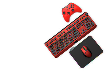 Gaming mouse, controller, RGB keyboard and headphones displayed in flat lay style isolated on white background with clipping path.