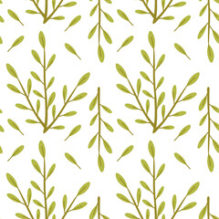 Naklejka premium Pattern Green twig with leaves. Flat colored seamless texture. Forest element. Broken young twig. Small leaves on the twig. Design for packaging. Picnic, hike, walk in the forest