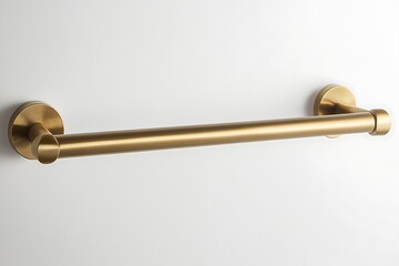 Gold-tone metal grab bar mounted on a white wall. Minimalist design with round bases