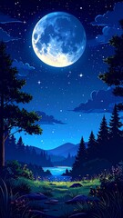 Nighttime Forest Scene with Moon