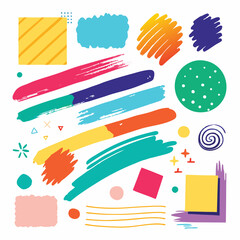 Vibrant collection of abstract brush strokes, geometric shapes, and playful doodles in a colorful artistic design.