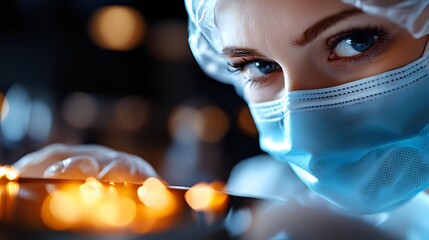 Young female medical professional wearing protective surgical mask and cap looking at camera with intense blue eyes against blurred bokeh lights background.