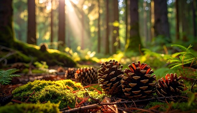 Pine cones bathed in sunlight in a forest floor