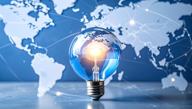 A glowing lightbulb shaped like a world globe sits before a world map, signifying global innovation and ideas. Connected nodes emphasize networking