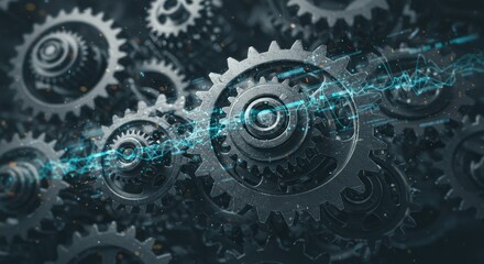 Interconnected gears, intricate design, technological complexity