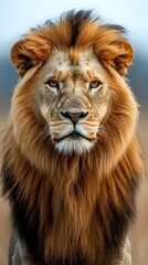 Fototapeta premium Majestic male lion with golden mane in close-up portrait against blurred background, showing intense gaze and powerful expression. Suitable for wildlife and nature projects.