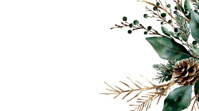 Watercolor winter greenery corner arrangement with pine cones, eucalyptus leaves and berries on white background, suitable for holiday cards and invitations.