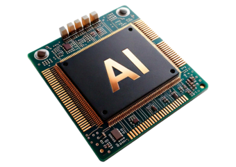 A macro shot of a 3D AI microchip, isolated on transparent or white background
