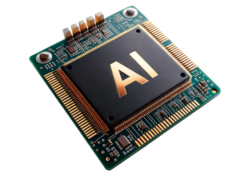 A macro shot of a 3D AI microchip, isolated on transparent or white background